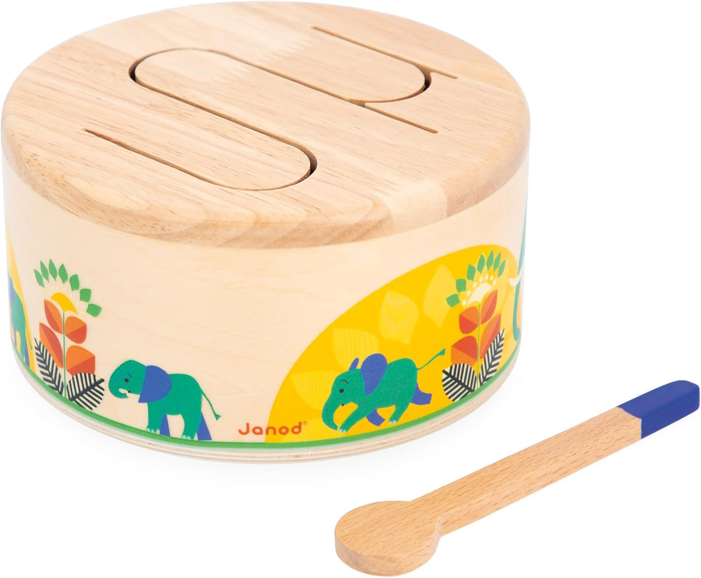 Janod - Tobă Gioia - Tobă din lemn FSC + tobă - Joc de rol și educație muzicală timpurie - Acuarelă - De la 18 luni, J07650 Jucarii Bebe Naty Shop