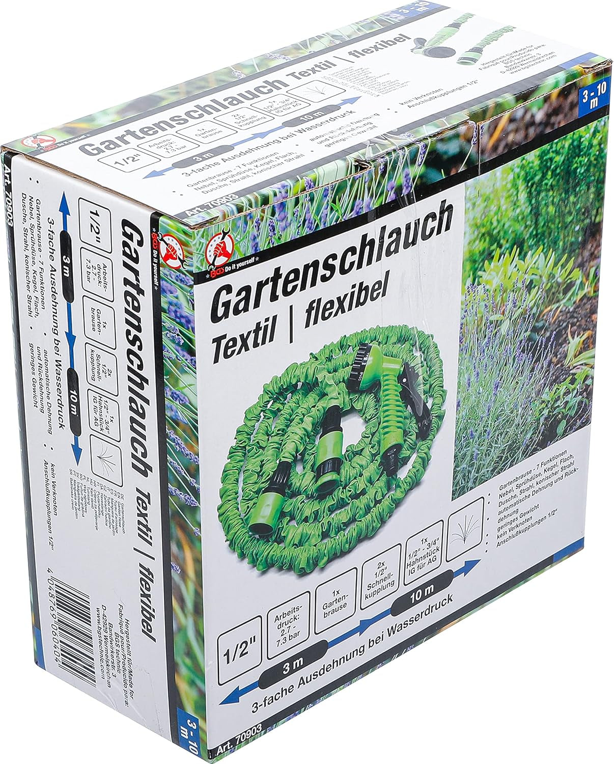 BGS DIY 70903 | Furtun de apă | Textil | Flexibil | cu duș de grădină cu 7 funcții | 3-10 m