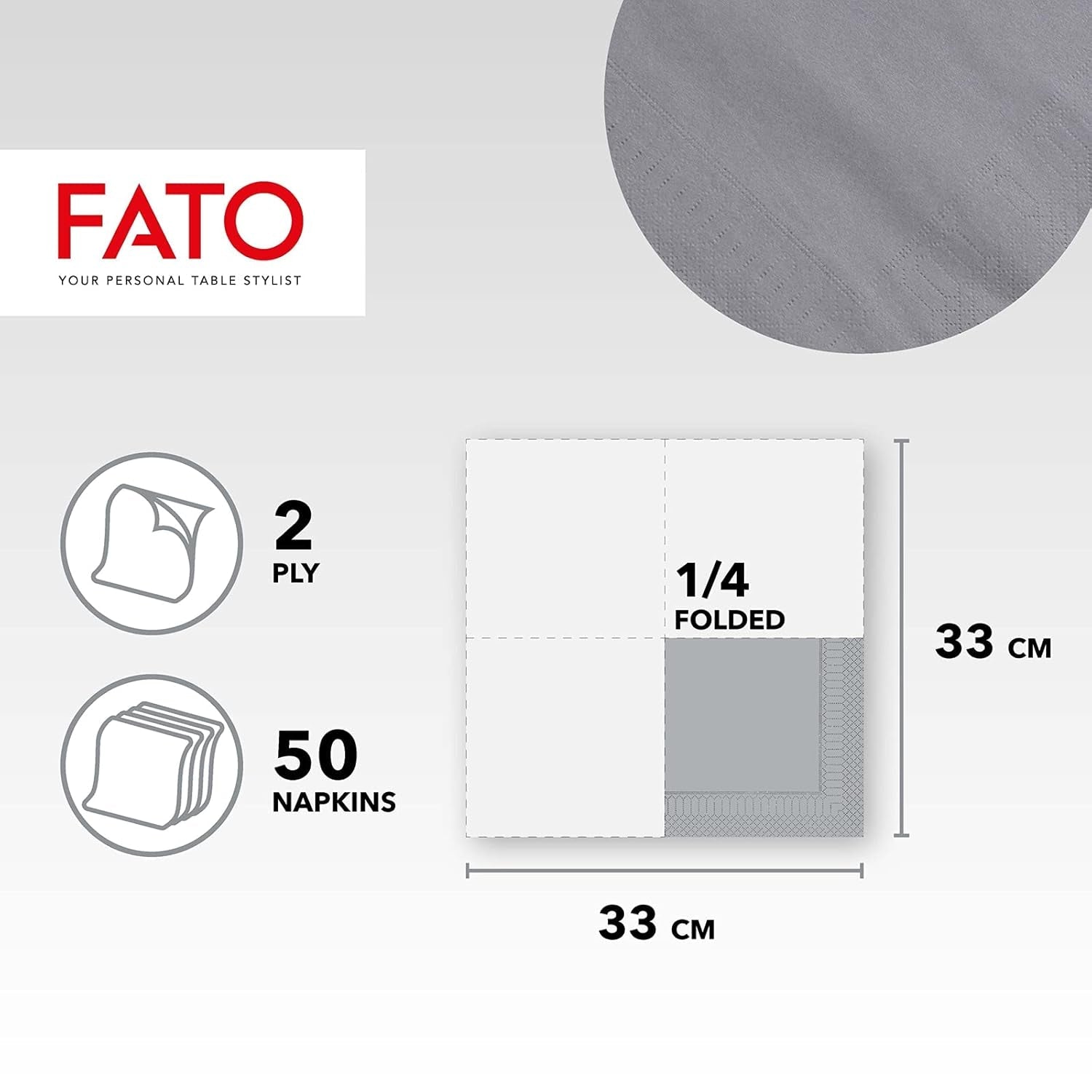 , Șervețele de hârtie de unică folosință, Ideale pentru prânzuri informale și bufete, Pachet de 50 șervețele, Dimensiune 33X33, Pliate în 4, 2 straturi, Gri, 100% hârtie din celuloză pură, certificat Fsc