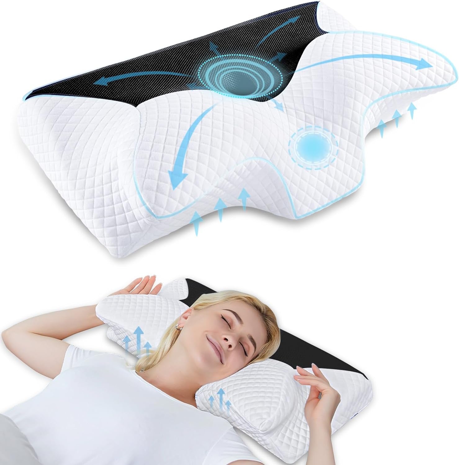 Pernă ortopedică din spumă de memorie pentru susținerea gâtului pernă pentru coloana cervicală Pernă ergonomică pentru dureri de spate, laterale și abdominale, 70X40X8.5/14Cm Perne ortopedice cervicale Naty Shop Negru 60 X 35 X 8/12Cm