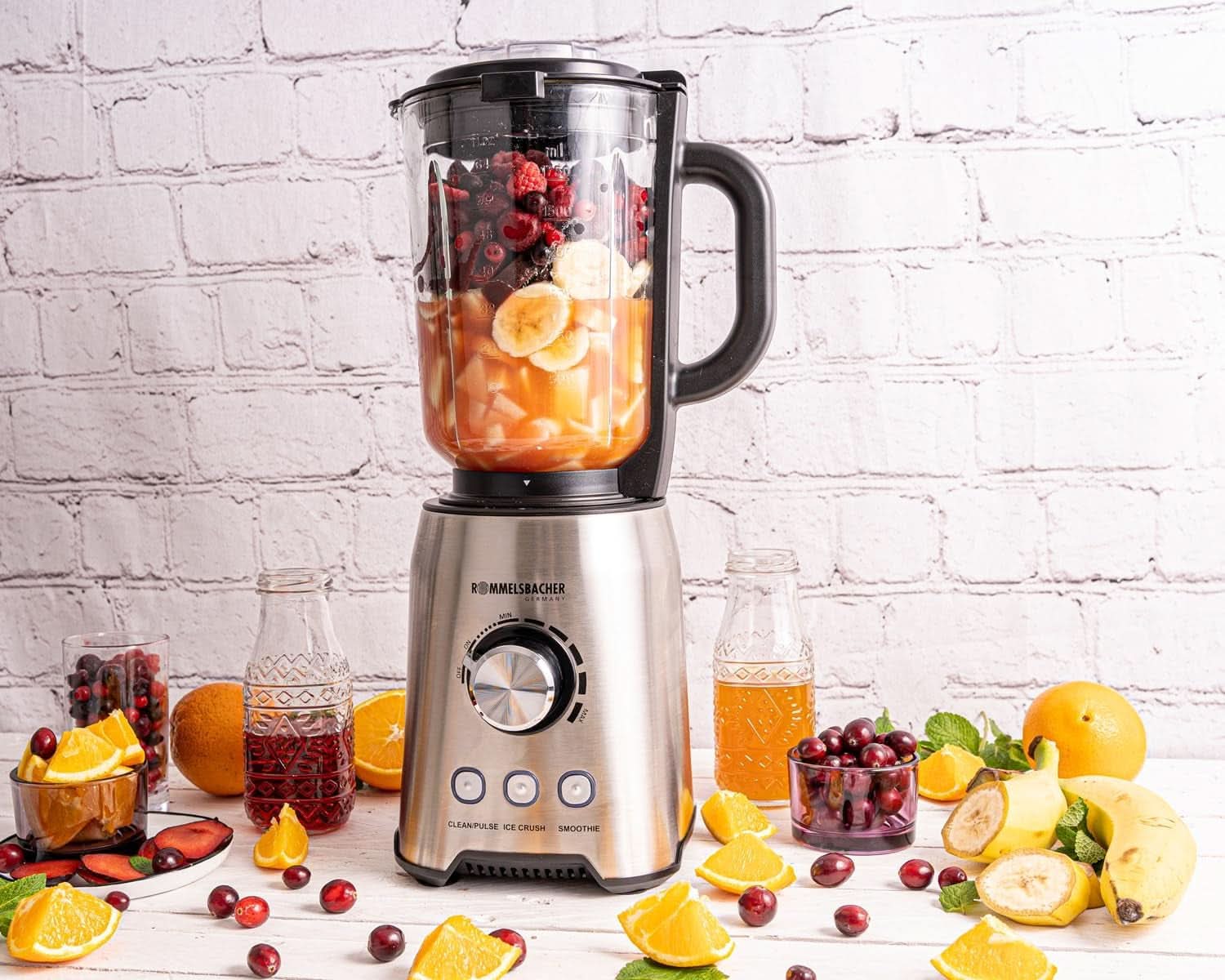 ROMMELSBACHER Standmixer MX 1250-22.000 U/Min, Stufenlose Drehzahlregulierung, Funktionstasten (Smoothie, Clean/Pulse, Ice Crush), Glaskrug, Edelstahlgehäuse, Spezialmesser, 1200 Watt Bucatarie Naty Shop