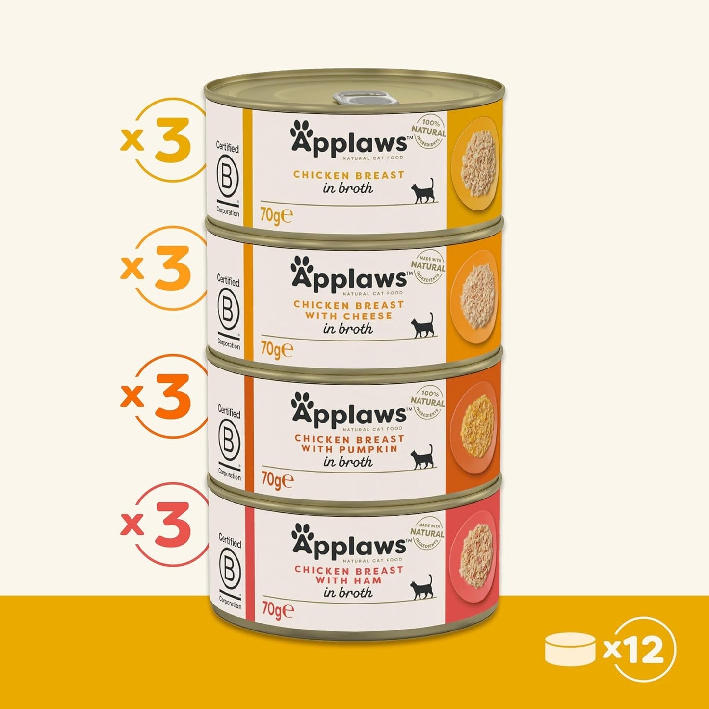 Applaws Hrană umedă premium 100% naturală pentru pisici, selecție de pui în bulion pentru pisici adulte - Pachet de 4 cutii (12 x 70 g)