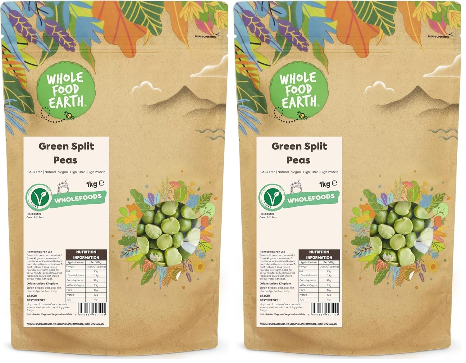 Mazăre verde despicată organică Wholefood Earth – 1 kg