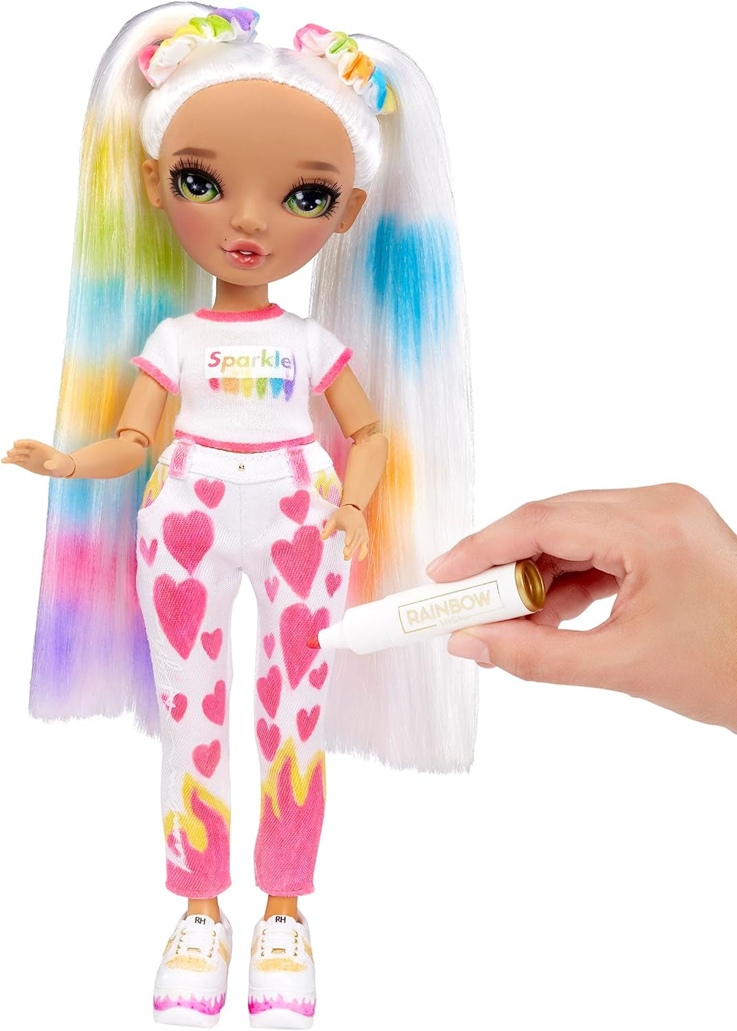 Rainbow High Color & Create DIY Modepuppe - Grüne Augen, Zöpfe, extra Top & Schuhe, abwaschbare Regenbogenstifte - Ausmalen, Gestalten, Spielen, Auswaschen - für Kinder von 4-12 Jahren und Sammler