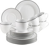 Mäser, seria Nola, serviciu modern de cafea pentru 6 persoane, alb cu margine neagră, set de veselă cu 18 piese, cești de cafea, farfurioare și farfurii de desert - serviciu rotund de cafea, set de cafea, alb