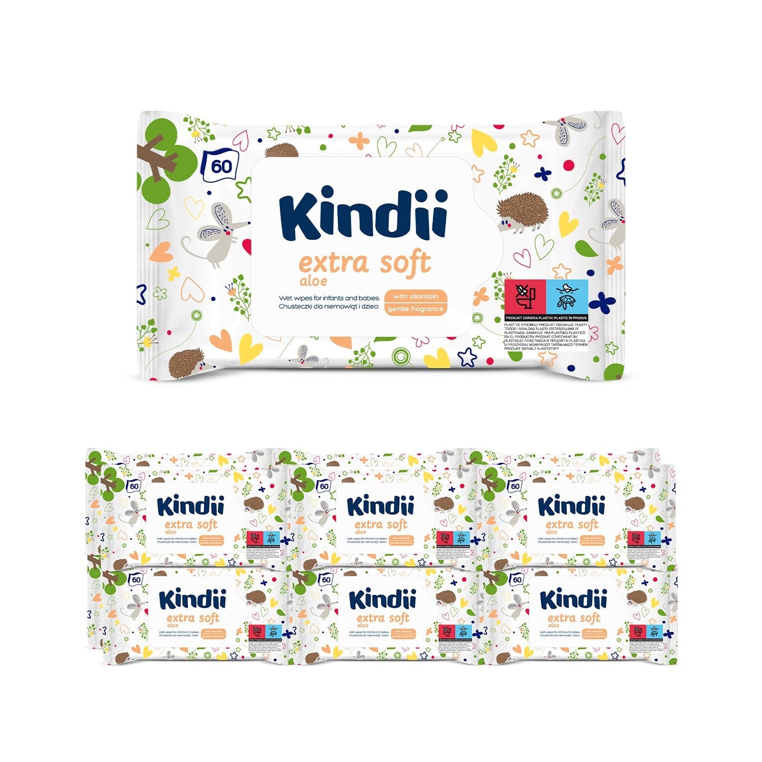 Șervețele umede Kindii Natural Balance pentru bebeluși – (1 x 60 buc.) Șervețele umede pentru bebeluși și copii – Protectoare, Aloe Vera, Parfum delicat – 60 buc.