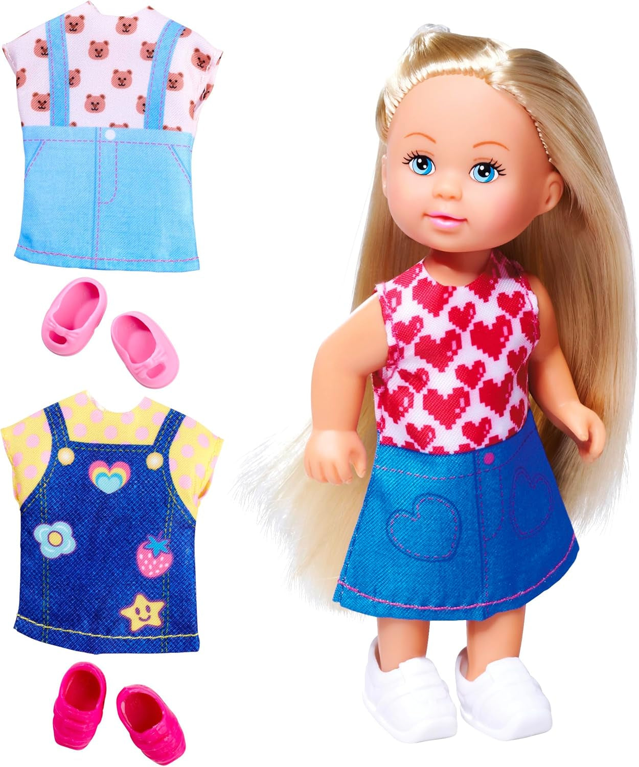 Simba Evi Love Fashion, o păpușă purtând o rochie drăguță din denim, inclusiv alte două ținute cu imprimeuri adorabile și adidași, 12 cm, vârste 3+