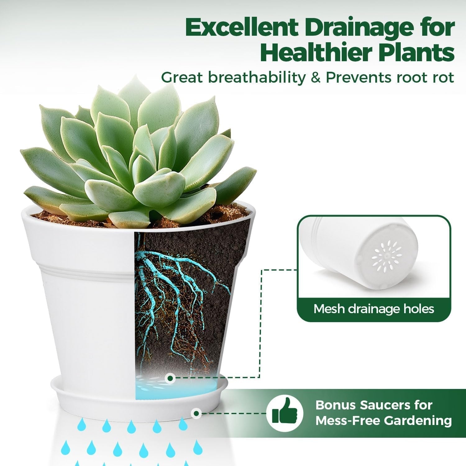 T4U Ghiveci de flori din plastic de 16 cm cu farfurie, set de 6 ghivece din plastic pentru plante aromatice cu găuri multiple de drenaj, ghiveci rotund pentru plante suculente de interior și balcon, cactuși, alb