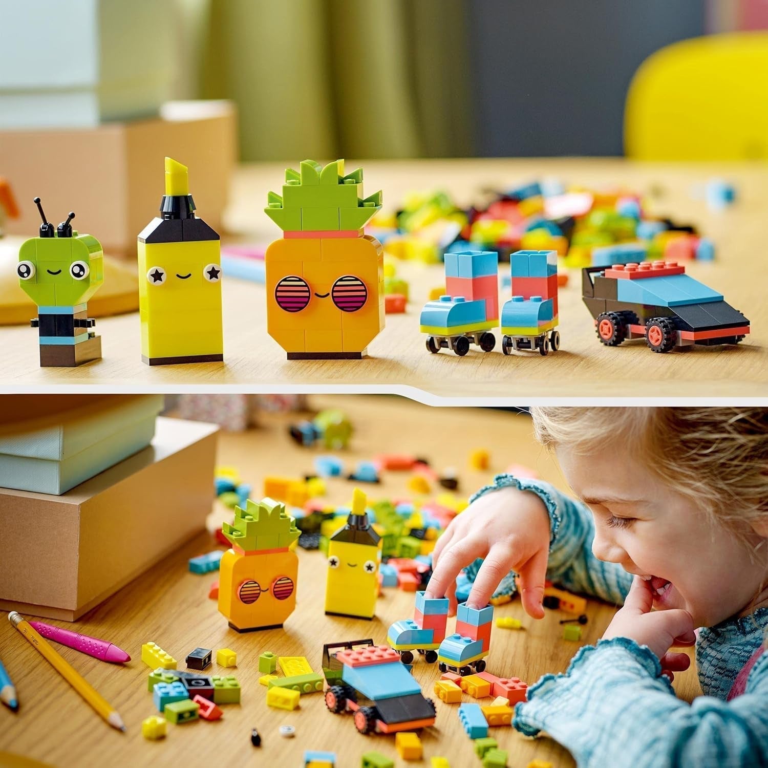 LEGO 11027 Classic Neon Creative Building Set, Brick Box Set, Jucărie de construcție cu modele: mașină, ananas, extraterestru, patine cu rotile, figuri și multe altele, pentru copii de la 5 ani în sus Seturi de constructie Besuche den LEGO-Store