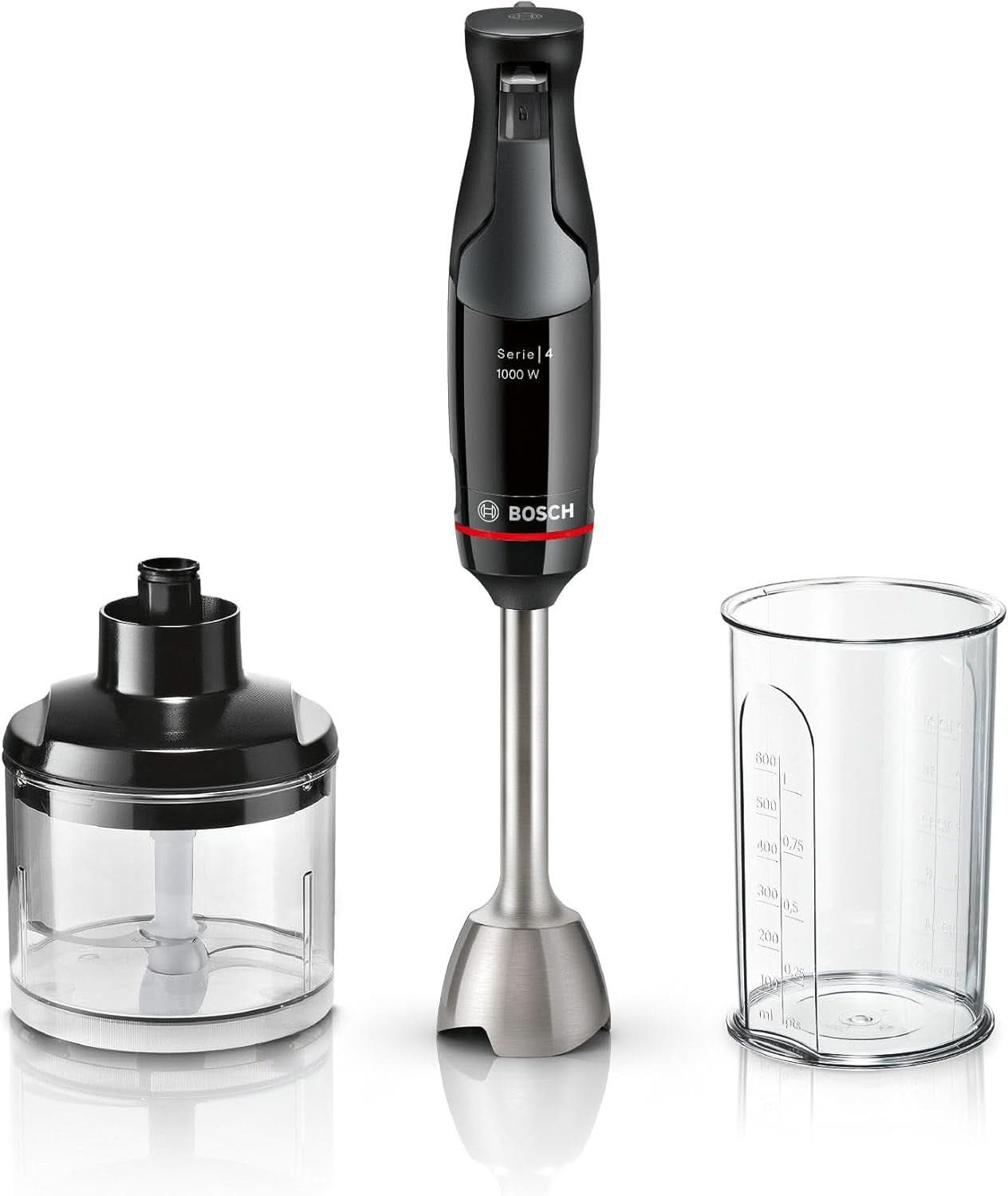 Bosch Stabmixer Ergomaster Serie 4, 1000 Watt, Edelstahl-Mixstab, Zerkleinerer, Mix-/Messbecher, Schwarz Bucatarie Naty Shop 2-In-1, Ergomaster Serie 4