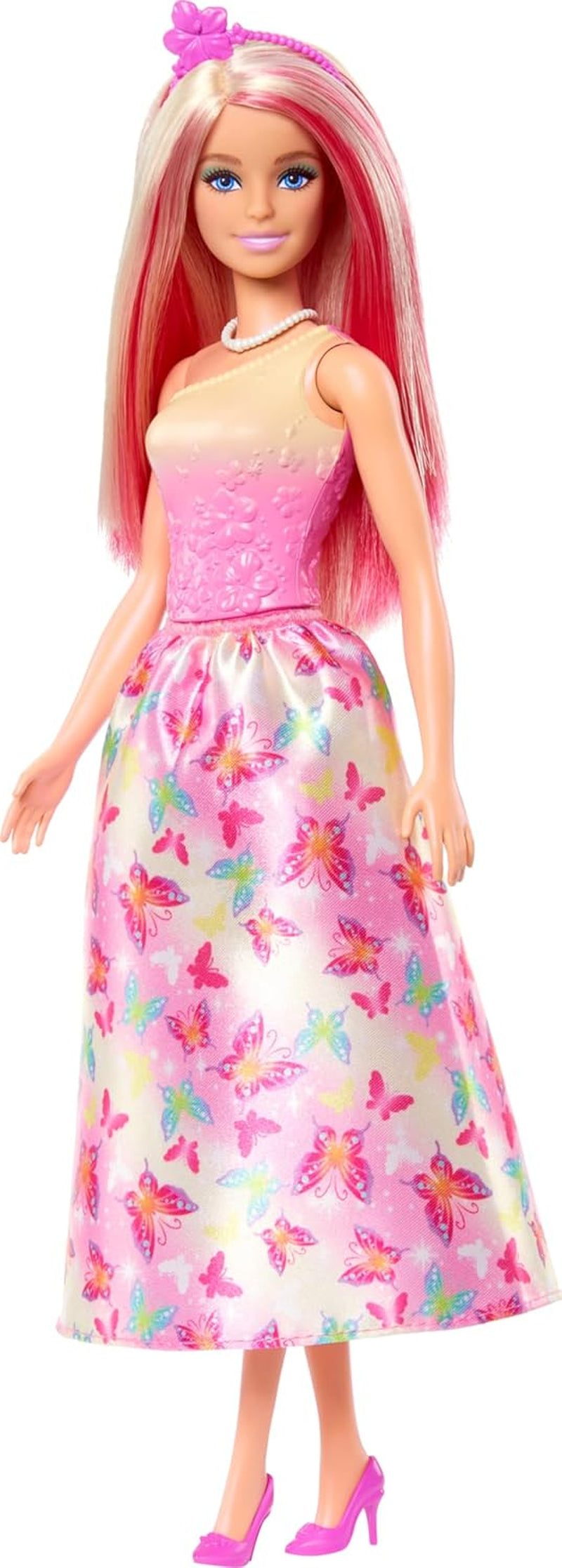 Păpușă Barbie Royal cu păr fantezist blond și roz, accesorii colorate, top roz cu gradient și fustă cu model fluture, HRR08 Papusi Naty Shop