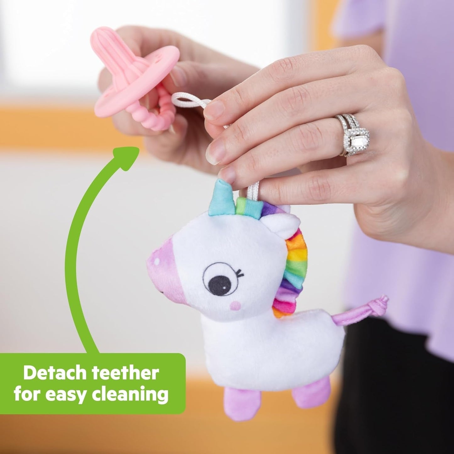 Suzetă de pluș Bright Starts SootheMate, Unicorn - Suzetă detașabilă în formă de suzetă pentru nou-născuți și copii mai mari