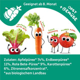 FRECHE FREUNDE Pungă de fructe bio, compresibilă, cu mere, căpșuni, sfeclă roșie și morcov, piure de fructe cu legume într-o pungă compresibilă pentru bebeluși de la 6 luni, vegan, pachet de 6 (6 x 100g)