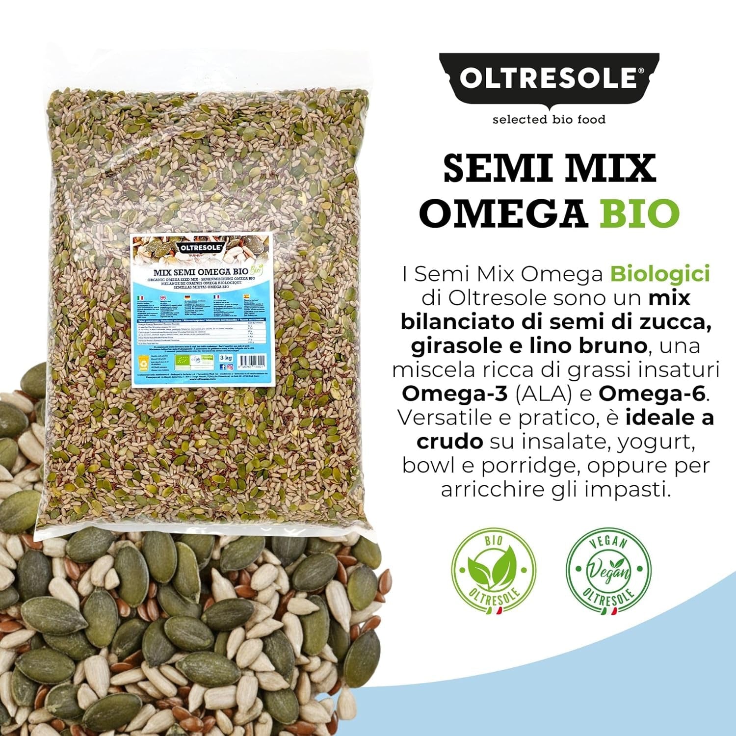 Mix organic de semințe Omega 3 kg (amestec de semințe de dovleac, floarea-soarelui și in), un amestec de 3 semințe oleaginoase crude întregi, bogat în proteine, fibre și acizi grași omega-3