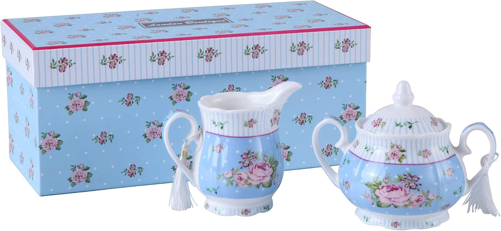 Ceainic din porțelan London Boutique, stil shabby chic, model floral vintage, în cutie cadou (ceainic Rose Blue)