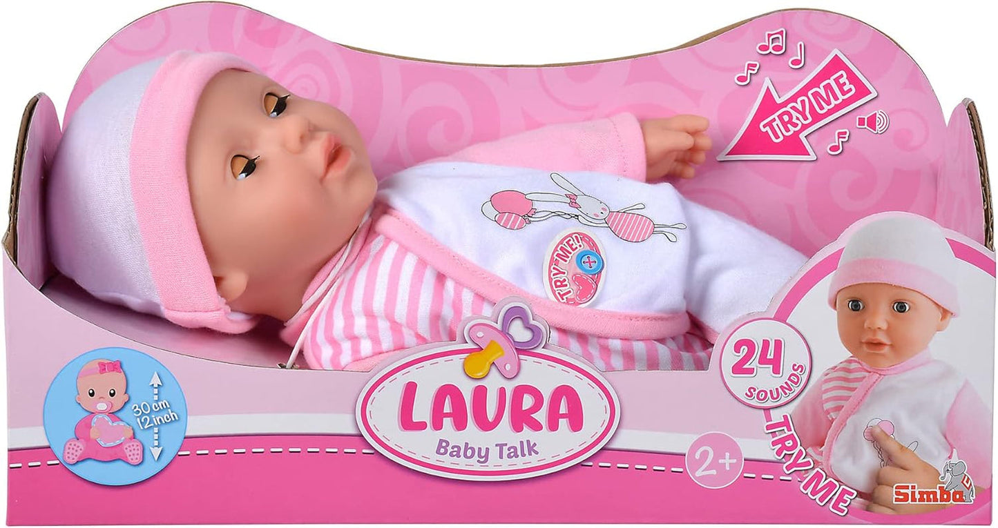 Simba 105140020 - My Love Baby Talk, păpușă cu corp moale și ochi adormiți într-o salopă drăguță, scoate 24 de sunete de bebeluș, 30 cm, păpușă pentru copii de la 2 ani