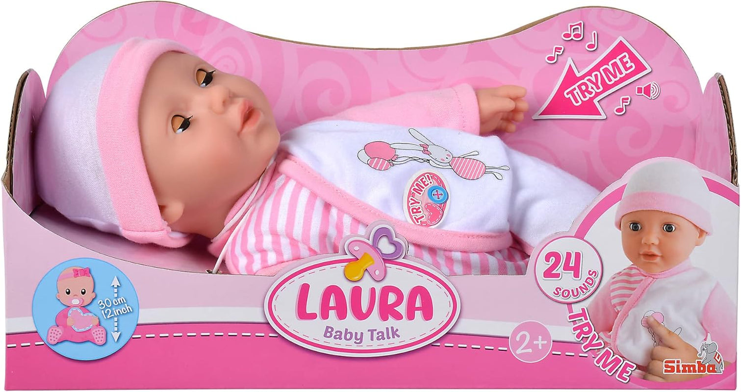 Simba 105140020 - My Love Baby Talk, păpușă cu corp moale și ochi adormiți într-o salopă drăguță, scoate 24 de sunete de bebeluș, 30 cm, păpușă pentru copii de la 2 ani