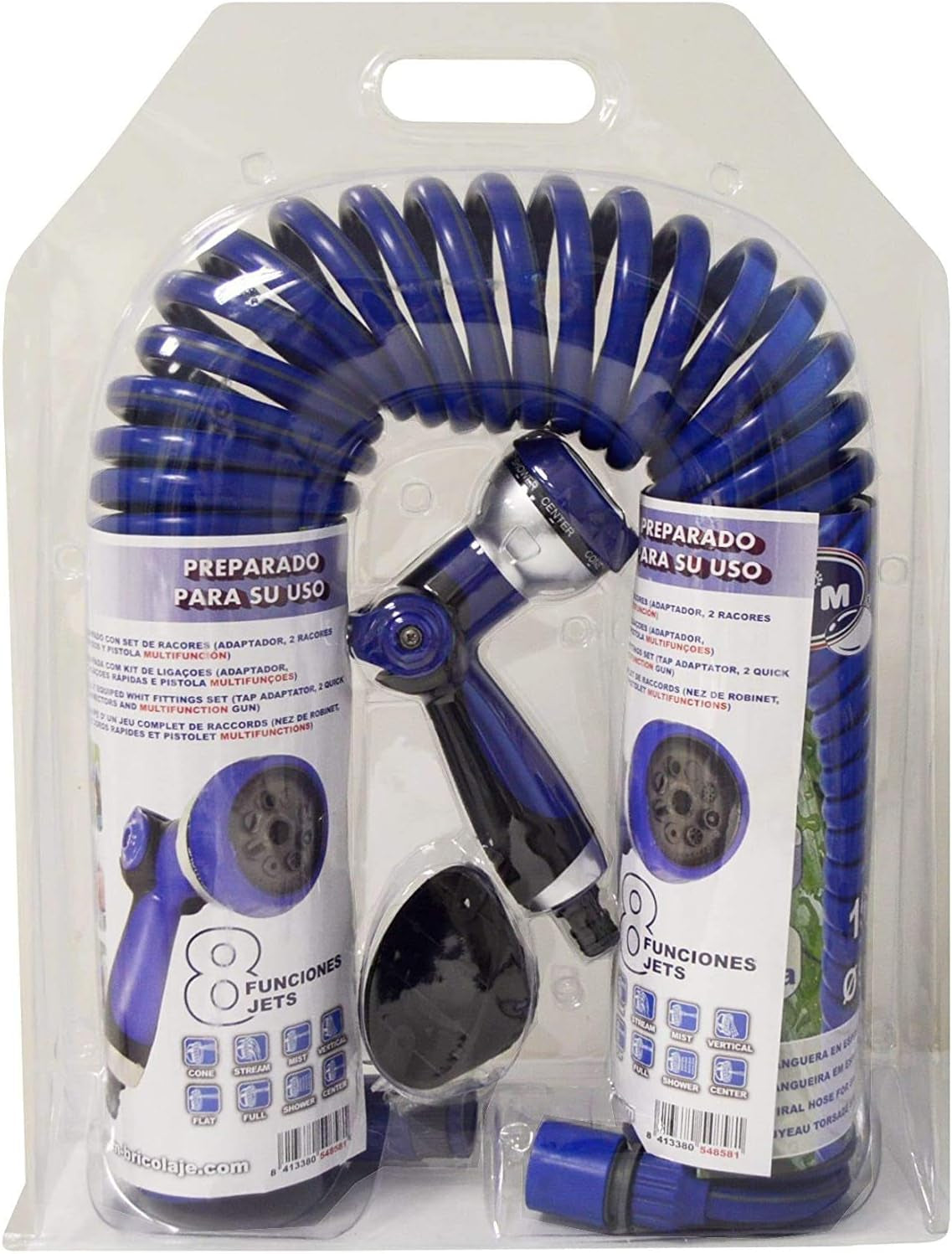 590078 – Set furtun spiralat, albastru, 15 metri (diametru 9 mm) + pistol multifuncțional cu 8 duze + filet interior automat cu adaptor ¾-½ + 2 conectori rapizi + suport de agățare