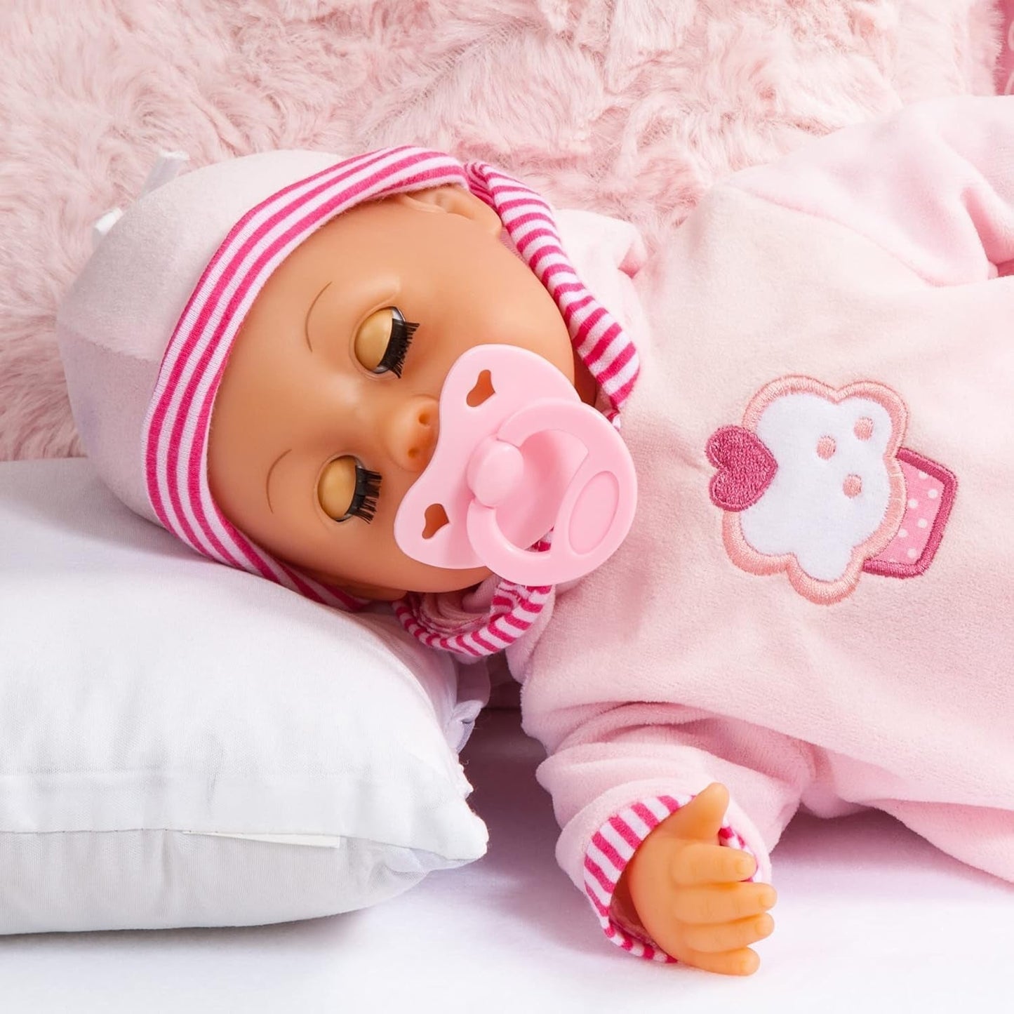 Păpușă First Words cu ochi adormiți, vorbește 24 de sunete de bebeluș, cu păpușă și biberon, 38 cm, roz/stripes Papusi Naty Shop