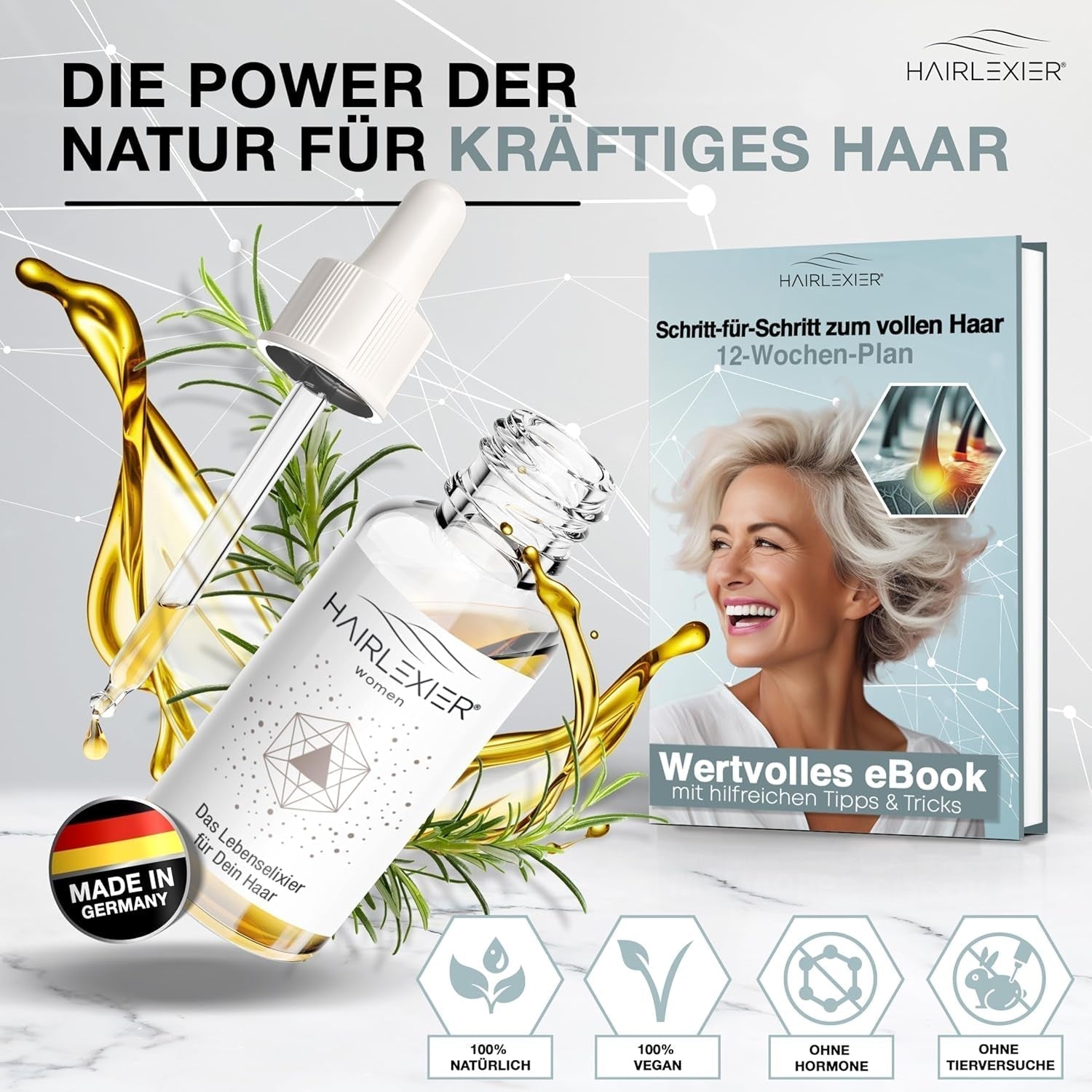 Hairlexier remediu de creștere a părului pentru femei - ulei de rozmarin pentru păr, ulei de păr cu ulei de ricin, ulei de lavandă, ser natural pentru păr împotriva căderii părului difuz, susține creșterea părului, vegan și organic + caiet de lucru Ingrijirea parului Naty Shop