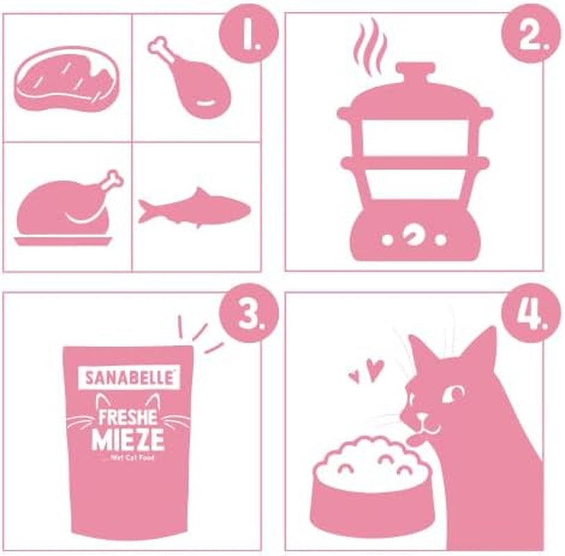 Sanabelle Freshe Mieze - Mixtray | 10 x 100g Mixpack | 4 varietăți delicioase de hrană pentru pisici de încercat | Hrană umedă pentru pisici gătită la abur, exact ca proaspăt gătită