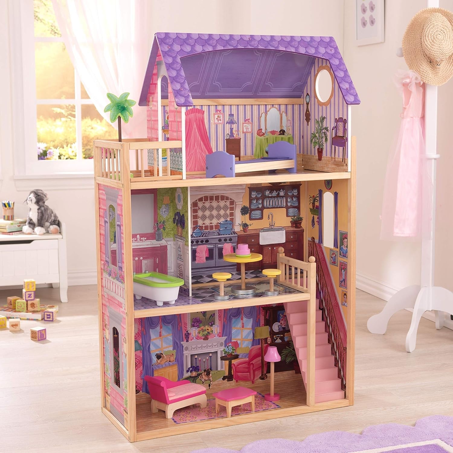 KidKraft Casă de păpuși Kayla din lemn cu mobilier și accesorii, set de joacă cu 3 niveluri pentru păpuși de 30 cm, jucărie pentru copii de la 3 ani în sus, 65092 - Exclusiv pe Amazon