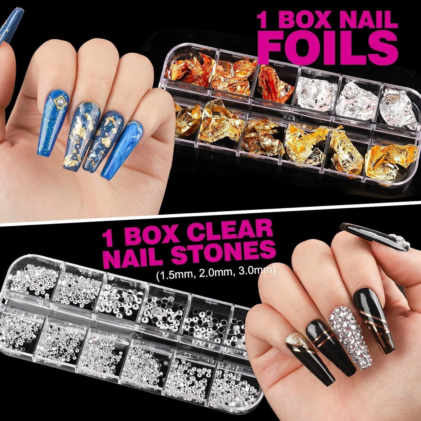 FANDAMEI 54 Blätter Wassertransfer Nagelsticker & Nail Art Pinsel Set, Dotted Pens, Blattgold Für Nagelkunst, Streifenband, Strasssteine, Werkzeug Und Dekorationen Set Für Nagelkunst Maniküre Set
