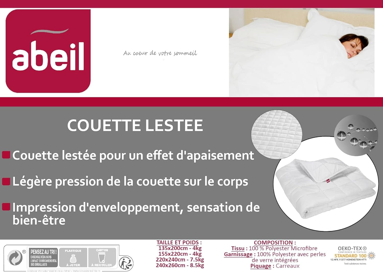 Abeil pătură ponderată, 7,5 kg, 220 X 240 cm, efect calmant, alb Plapumi si pilote Naty Shop