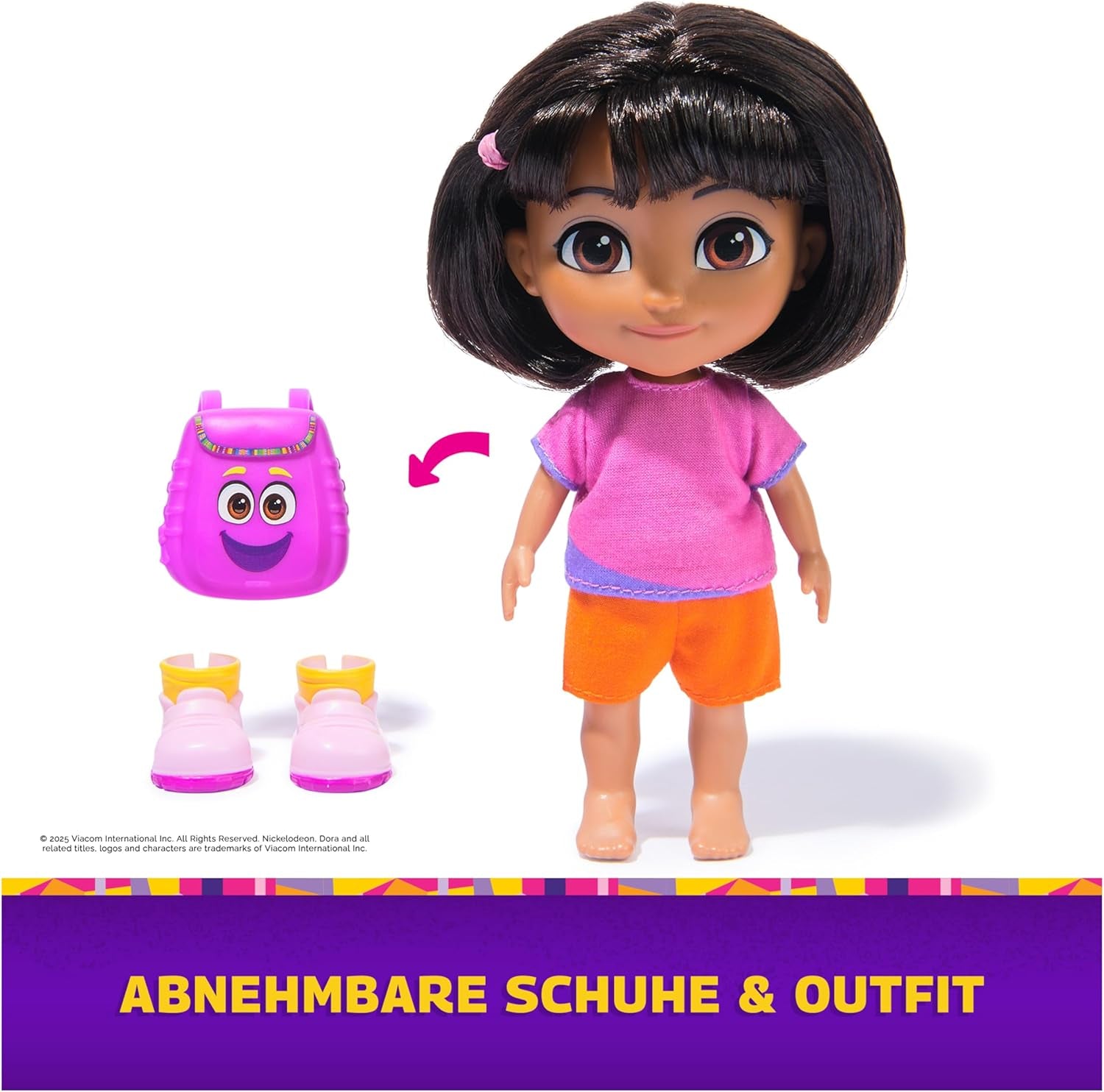DORA - Păpușa cea mai bună prietenă - Dimensiune 22 cm, cu păr pieptănabil, ghiozdan și cizme cu maimuță, cunoscută din popularul serial TV, pentru copii cu vârsta de 3 ani și peste