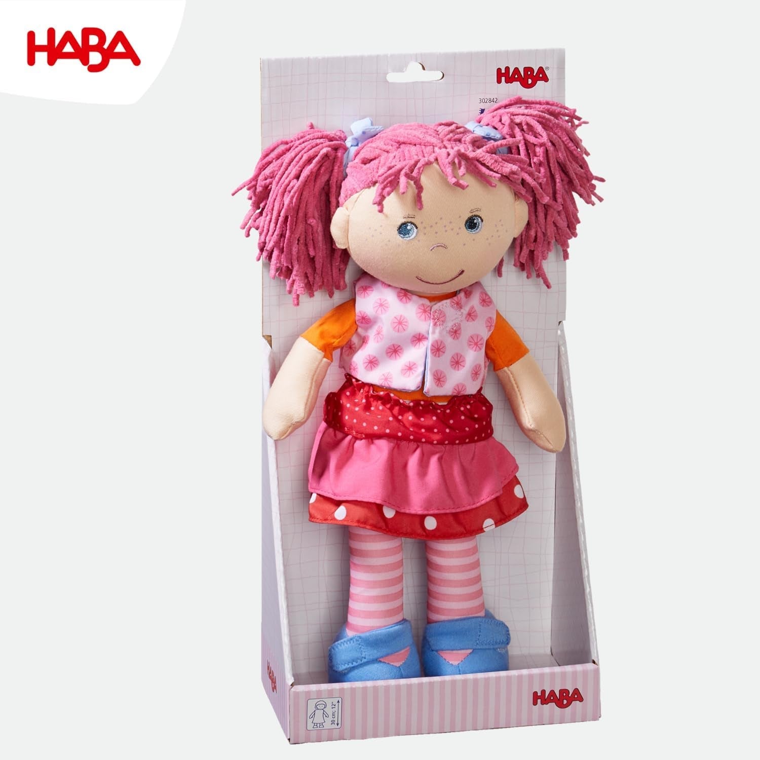 Păpușa HABA Lilli-Lou – Păpușă moale din pânză de la 18 luni – 30 cm cu haine și păr – Tovarășă de joacă ideală pentru copii mici – 1302842001