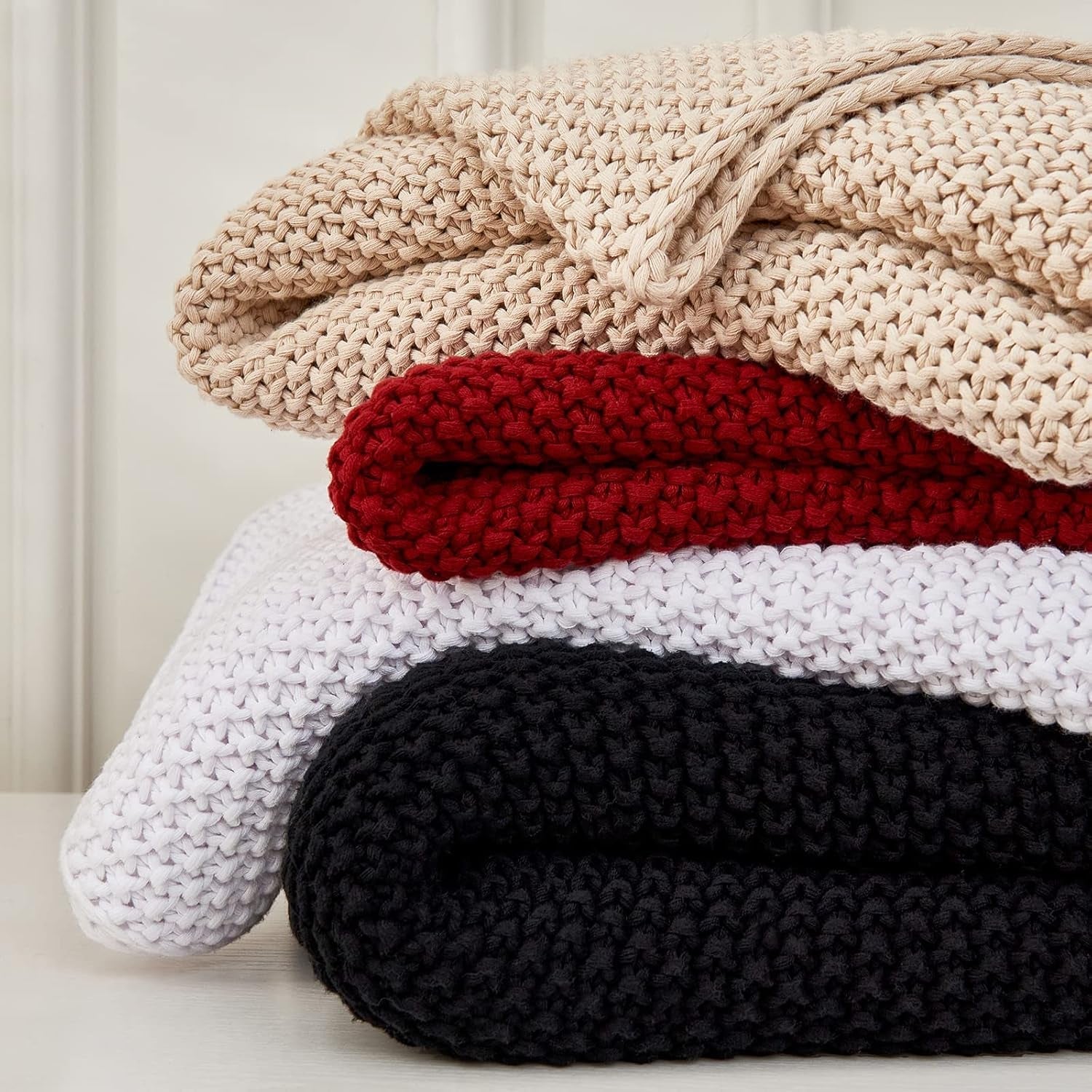 Chunky tricot arunca pătură, Lightweight, Bej, 100% bumbac organic, Pătură pentru canapea, canapea, pat, copil, camera copiilor, Rustic, Shabby chic, Modern farmhouse, 152.4 X 203.2 cm, Inclusiv sac de rufe Paturi si Cuverturi Longhui bedding