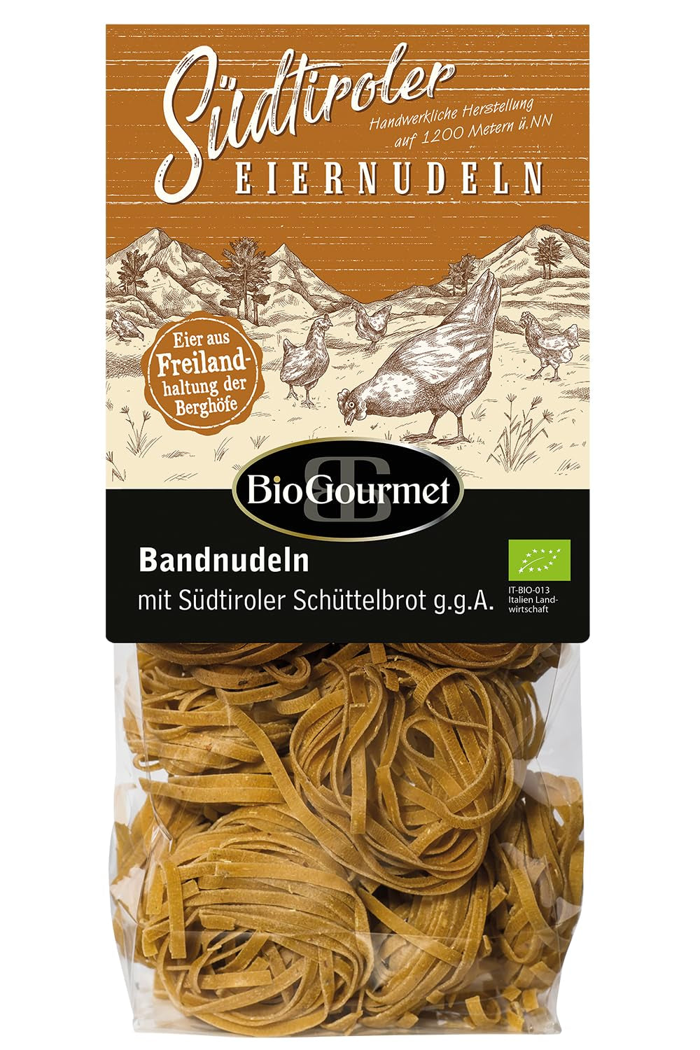 Tăiței panglică BioGourmet cu Schüttelbrot din Tirolul de Sud (IGP) | Tăiței de ou sărați și aromati cu speck autentic din Tirolul de Sud | 1 x 250g Bio