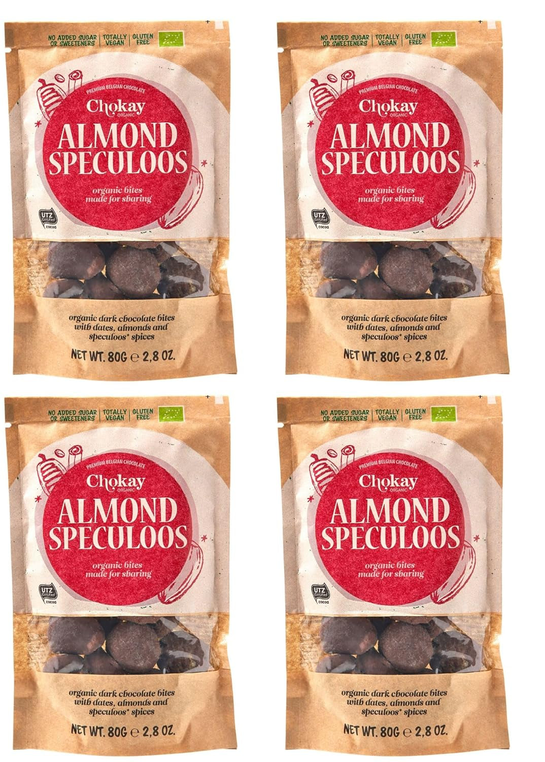 Set de 4 bucăți Organic Bites - Migdale cu scorțișoară/Migdale cu scorțișoară în ciocolată neagră belgiană/Fără zahăr adăugat, fără îndulcitori/VEGAN ȘI COMERȚ ECHITABIL / 4 x 85g