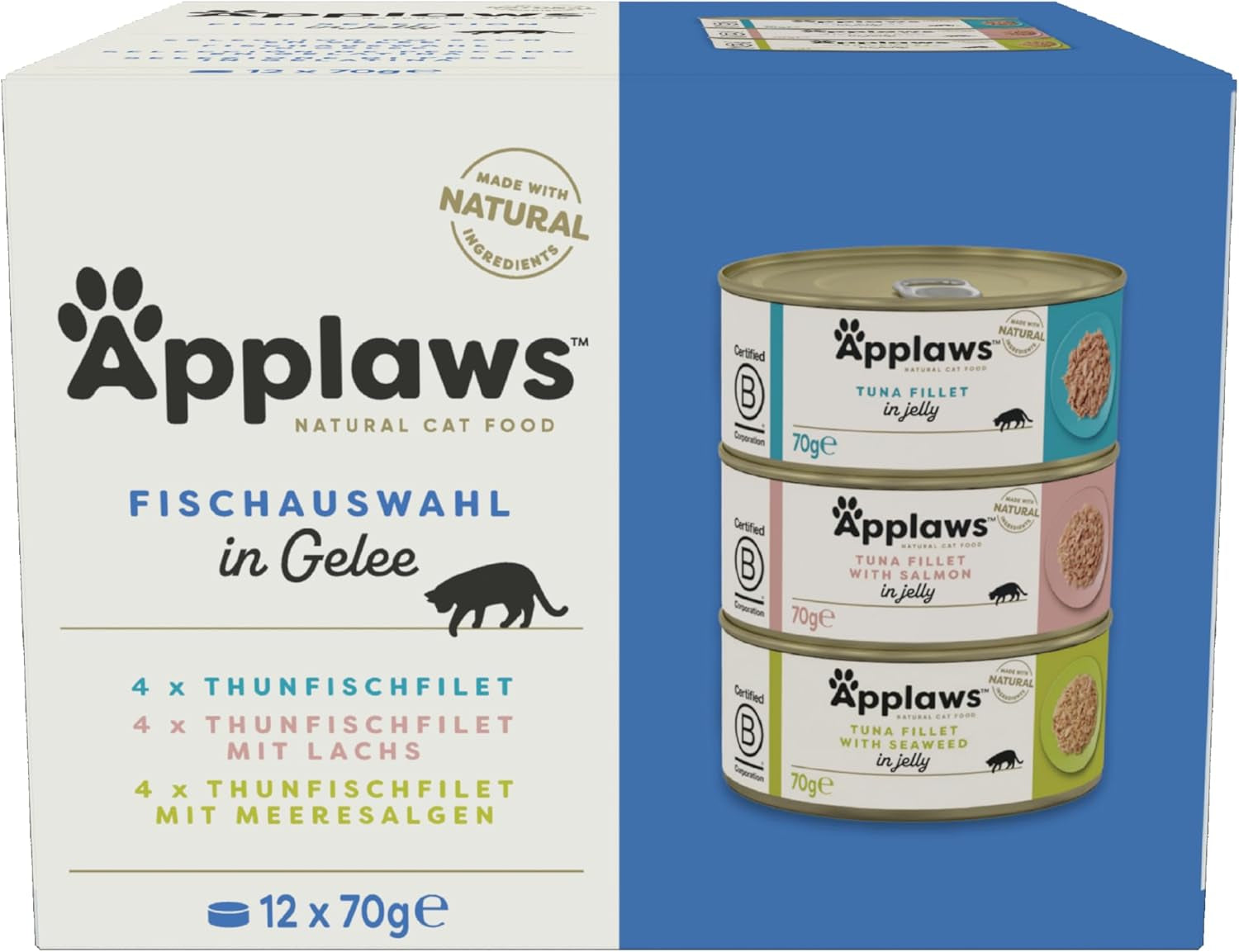 Applaws Hrană umedă naturală pentru pisici Selecție de pește în jeleu (pachet de 12 cutii x 70 g)