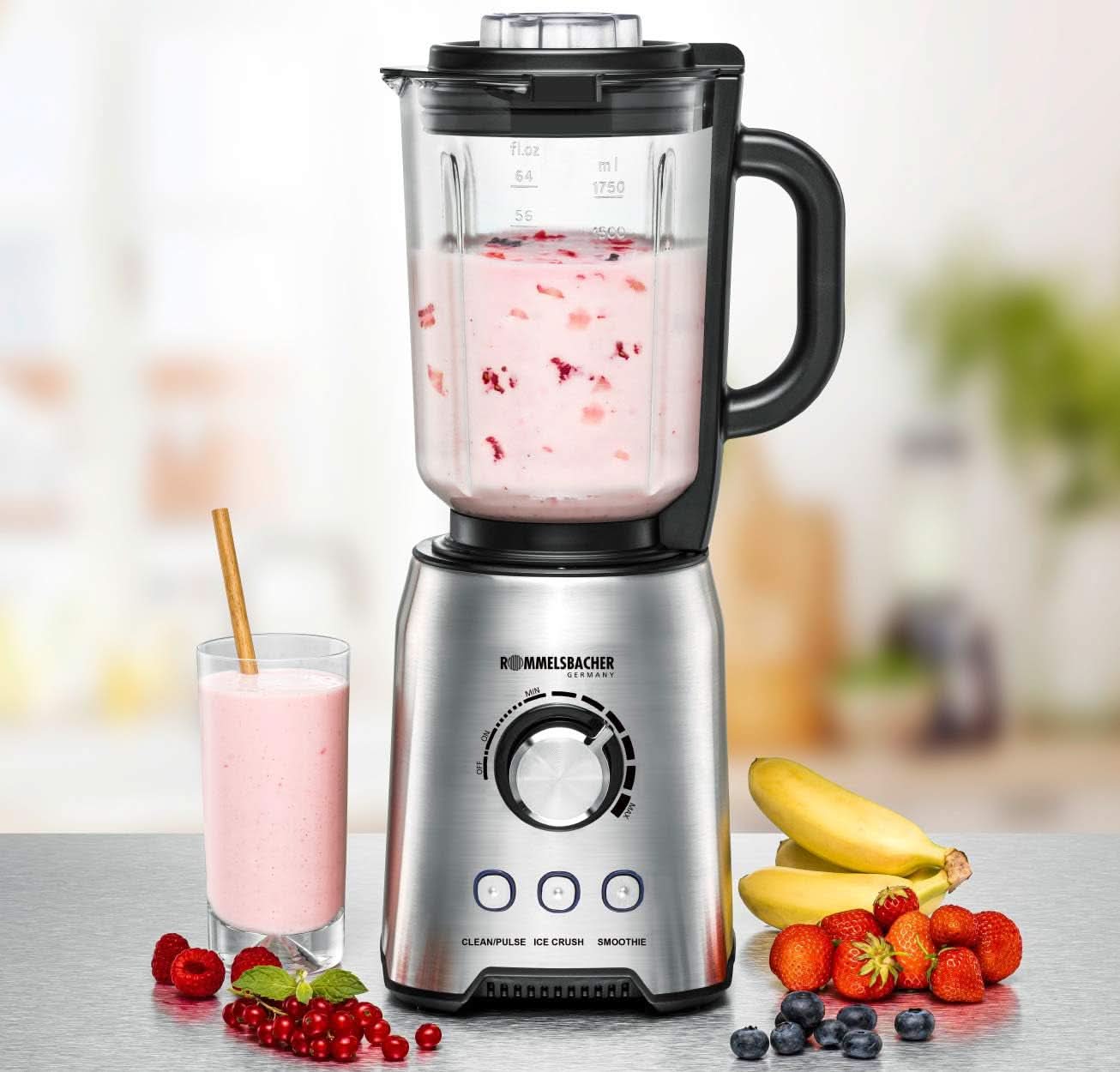 ROMMELSBACHER Standmixer MX 1250-22.000 U/Min, Stufenlose Drehzahlregulierung, Funktionstasten (Smoothie, Clean/Pulse, Ice Crush), Glaskrug, Edelstahlgehäuse, Spezialmesser, 1200 Watt Bucatarie Naty Shop