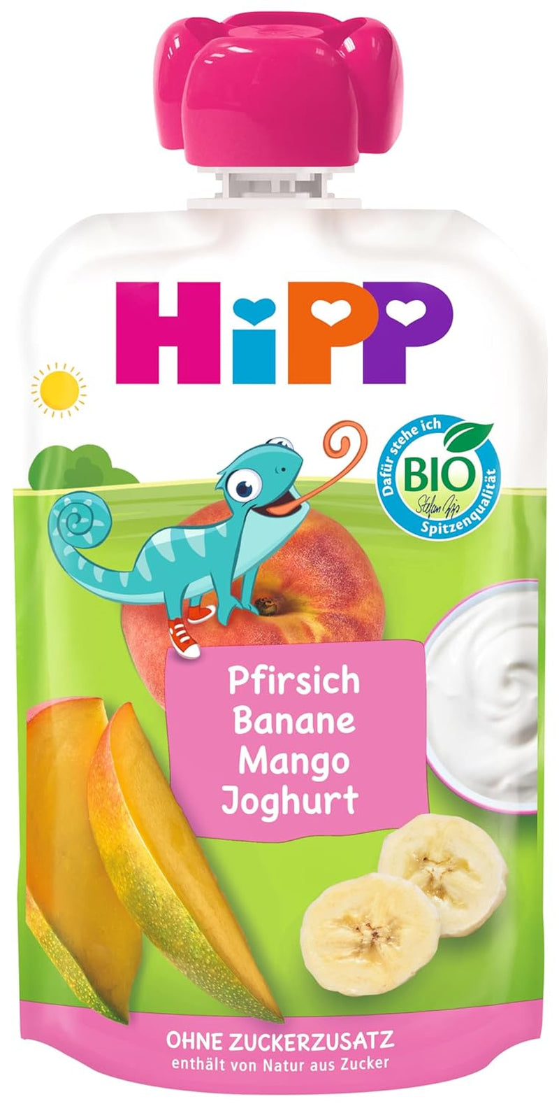 HiPP Piersici Banane Mango cu Iaurt, Pungă Comprimabilă de la 1 an, 8 x 100g