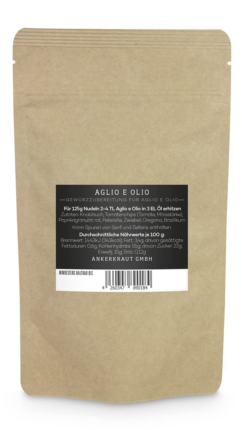 Ankerkraut Aglio e Olio, italienische Gewürzmischung für Pasta und klassische Spaghetti-Nudeln, 120g im aromadichten Beutel