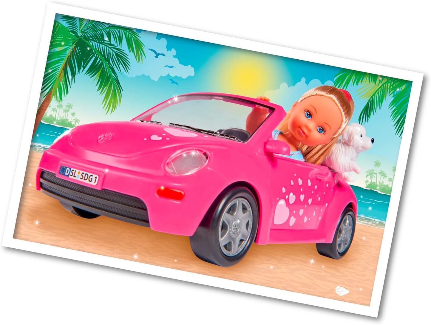 Simba 105731539 - Evi Love Beetle-ul lui Evi, Evi cu mașină, mașină: 22 cm, cu câine, păpușă de modă, 12 cm, pentru copii cu vârsta de la 3 ani în sus