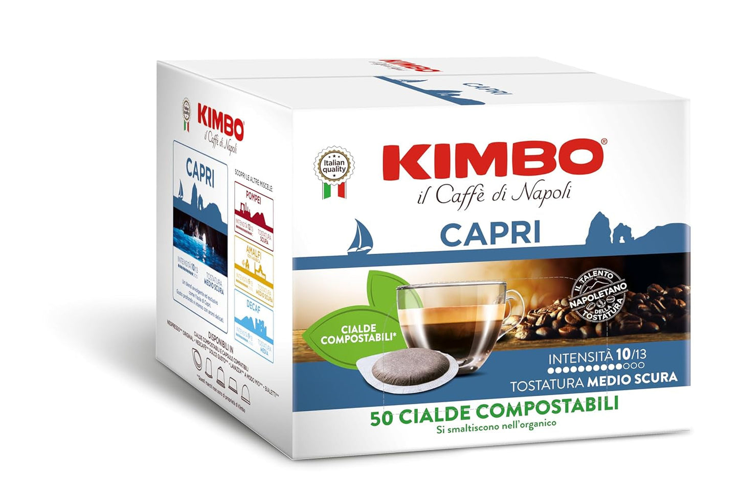 , Le Meraviglie del Gusto Capri, 50 Kaffeepads, Tiefer und Intensiver Geschmack, Intensität 10/13, Mittel-dunkle Röstung, 1 Packung mit 50 Pods