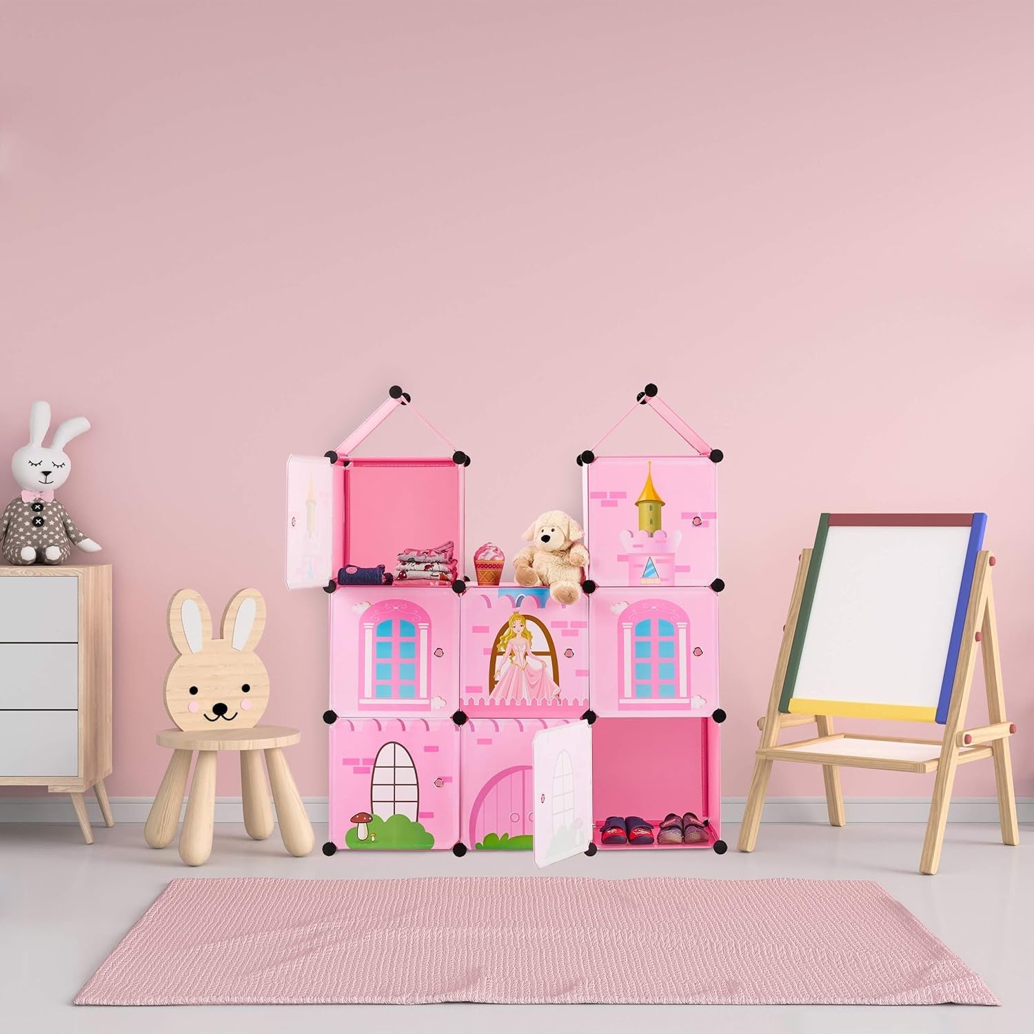 Raft modular Relaxdays pentru camere de copii, design castel prințesă, plastic, dulap DIY cu uși, HL: 128 x 110 x 37 cm, roz