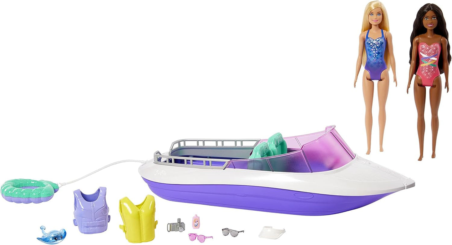 Barbie HHG60 - Barcă cu motor Sirenă cu 2 păpuși (blondă/brunetă) și diverse accesorii, jucărie pentru copii cu vârsta de 3 ani și peste