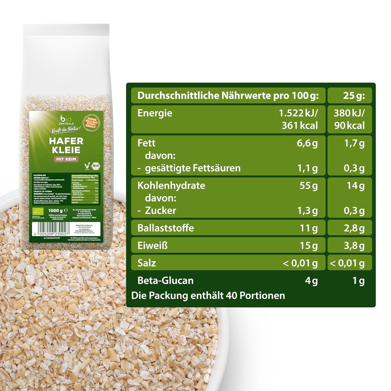 Tărâțe de ovăz organice biozentrale 1 kg | Pachet avantajos | Sursă de proteine bogată în fibre | Natural vegan | Din agricultura UE | Conținut scăzut de zahăr