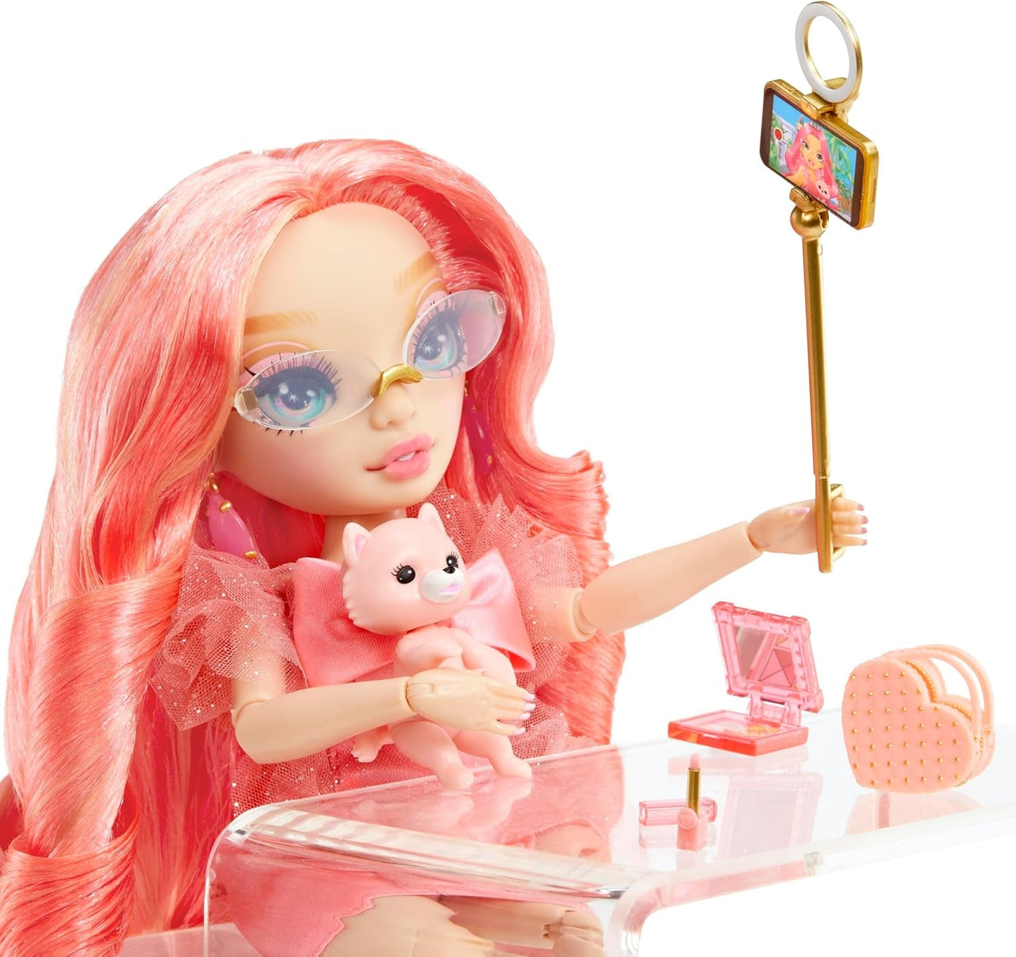 Păpușa Rainbow High Fashion - Pinkly Paige - Păpușă roz la modă într-o ținută la modă - cu ochelari și peste 10 accesorii de joacă colorate - Ideală pentru copii cu vârsta cuprinsă între 4 și 12 ani și colecționari
