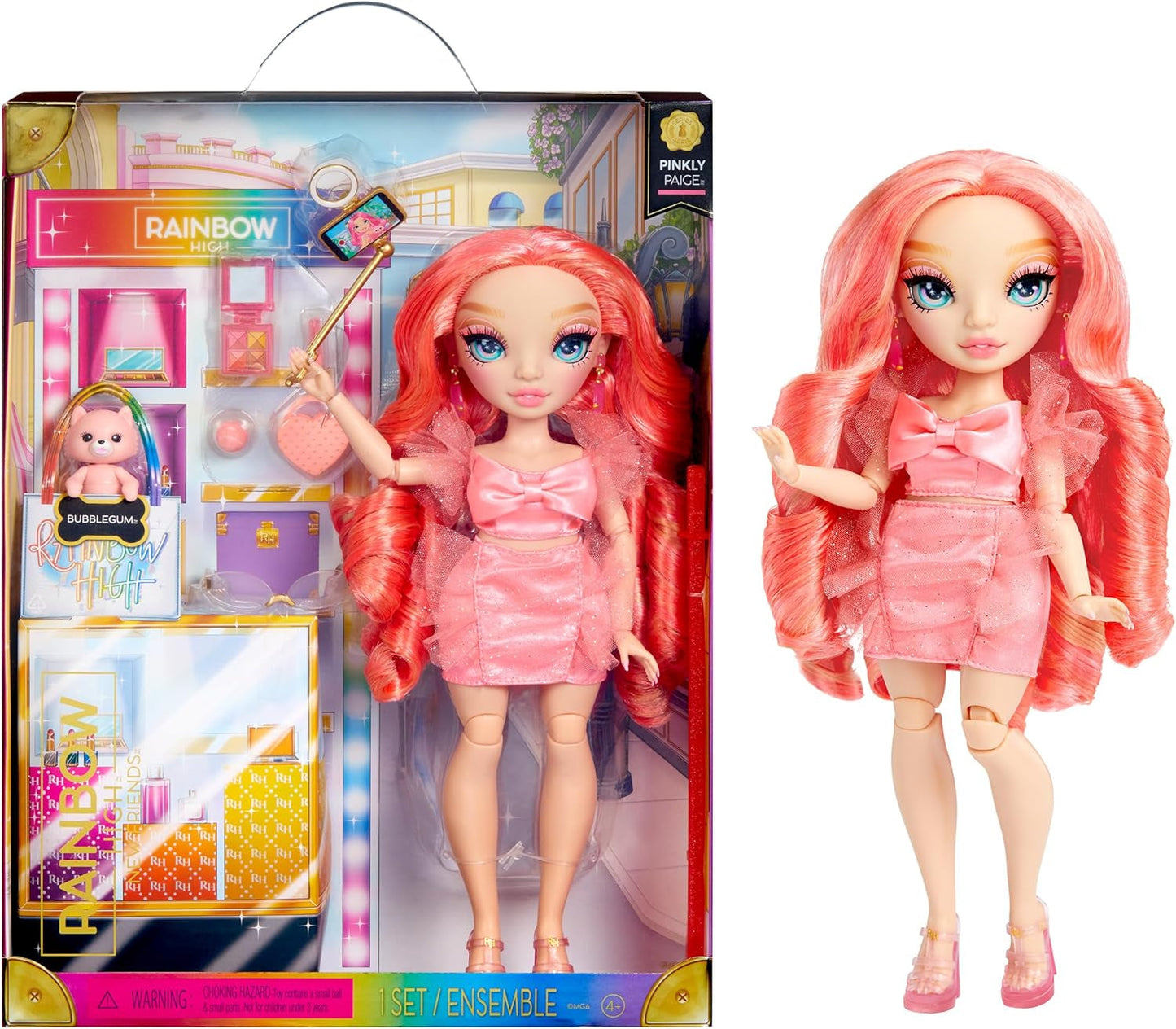 Păpușa Rainbow High Fashion - Pinkly Paige - Păpușă roz la modă într-o ținută la modă - cu ochelari și peste 10 accesorii de joacă colorate - Ideală pentru copii cu vârsta cuprinsă între 4 și 12 ani și colecționari