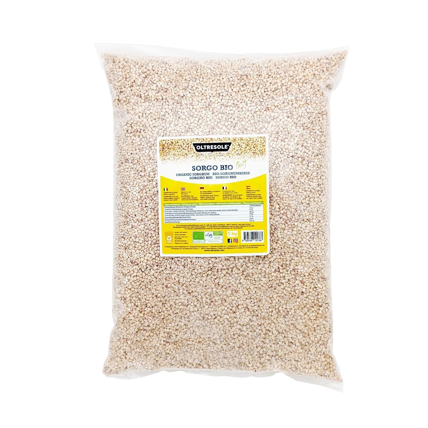 Sorg alb organic, 1 kg, decorticat, boabe crude, cultivat organic în Italia, pachet ideal pentru familie
