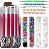FANDAMEI Nail Art Pinsel Set, 15 Stücke Pinsel Für Gelnägel Nagel Pinsel, 5 Stücke Dotted Pen, 10 Rolle Streifenband Nägel, Strasssteine Nägel, Ultra Dünn Nagel Pailletten Für Nagelkunst Maniküre Set