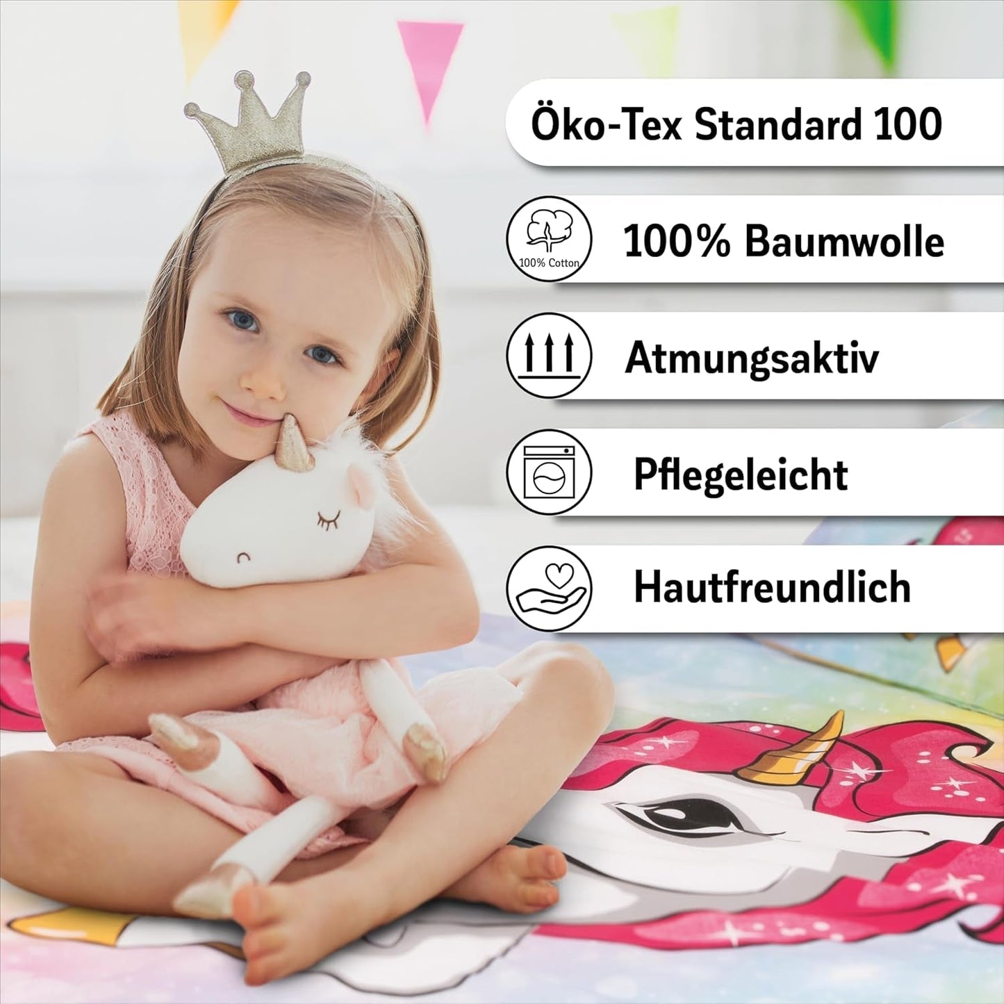 Lenjerie de pat pentru fetite, Unicorn, 100 x 135 cm si 40 x 60 cm, bumbac Lenjerie de pat - copii Naty Shop