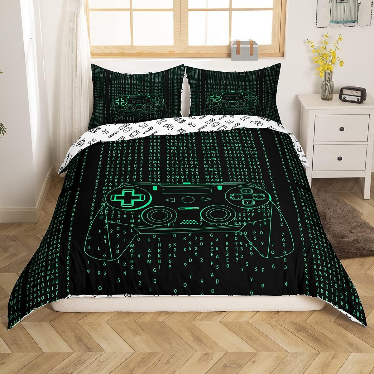 Gamer Bettwäsche Sets Für Jungen 155X220,Gaming Bettbezug Kinder Teens Männer Videospiel Zimmer Dekor Reversible Gaming Tröster Abdeckung Grün Retro Game Controller Bettbezug Weicher Luxus 2 Stücke