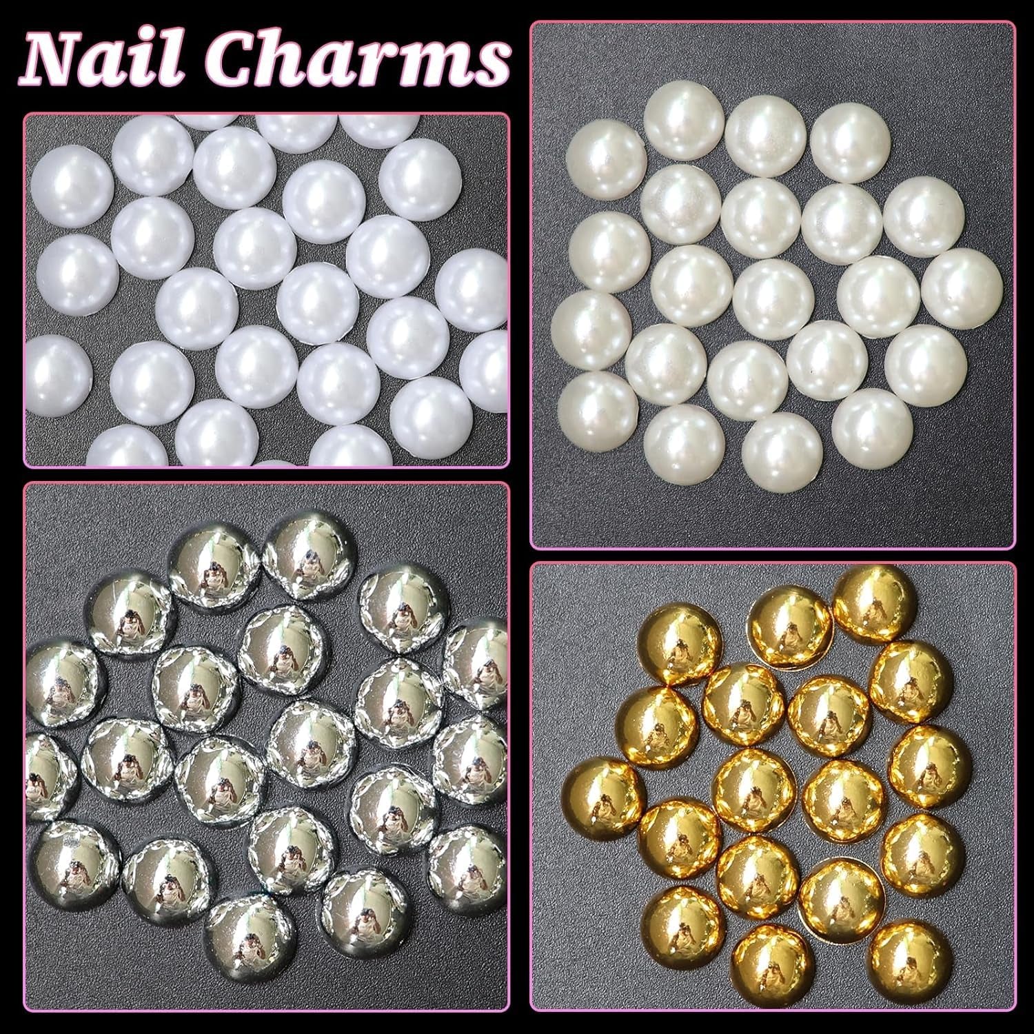 GZMAYUEN 920Pcs Gold Silber Flatback Perlen Für Nägel, Halbrunde Weiße Beige Nail Perlen, Kleine Halbrunde Flatback Perlen Für DIY Nail Art Decor