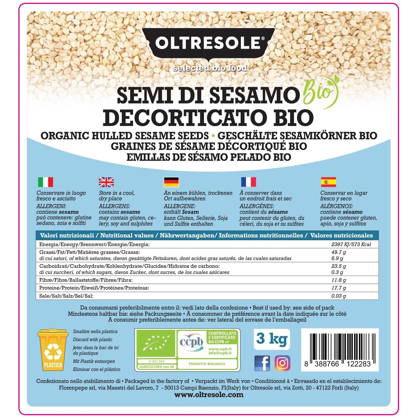 Semințe de susan organice 3 kg, semințe oleaginoase organice crude, susan alb, decojite natural, neprăjite, sursă de calciu și fier, pachet economic